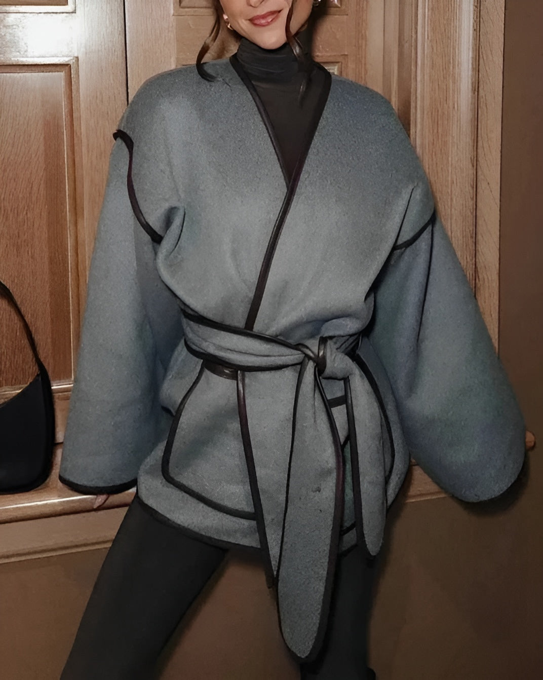 Women's oversized lace overcoat striped lightweight design drop shoulders with leather trim accents