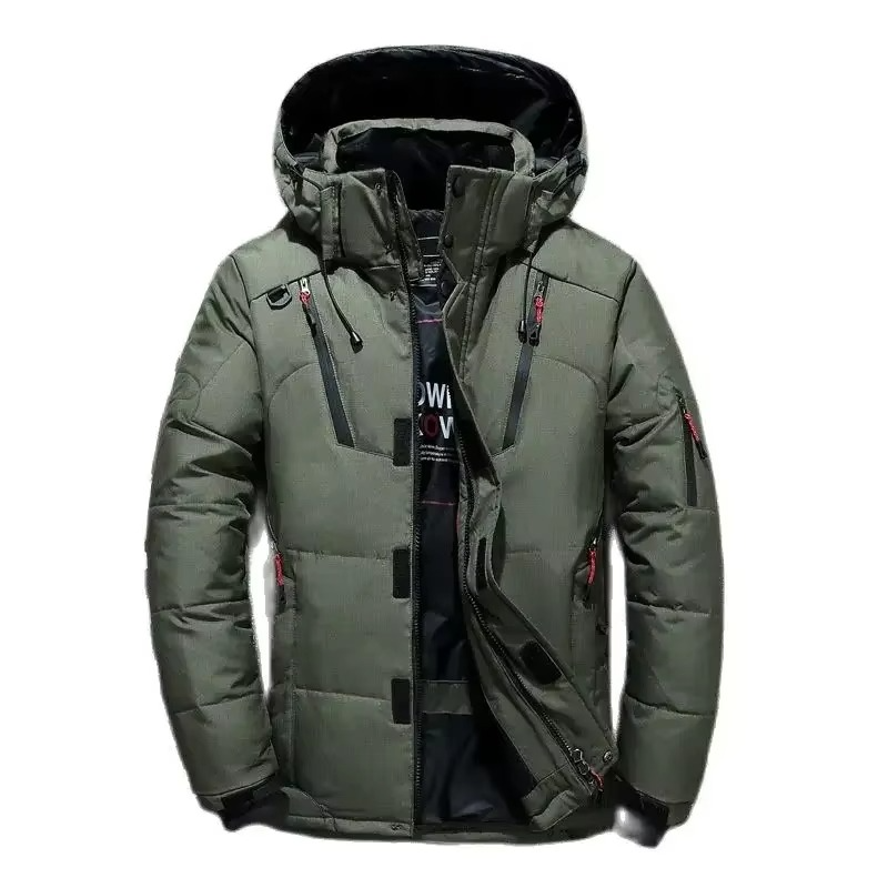 Men's white duck down hooded parka, weatherproof shell, extreme cold -20F slim winter coat