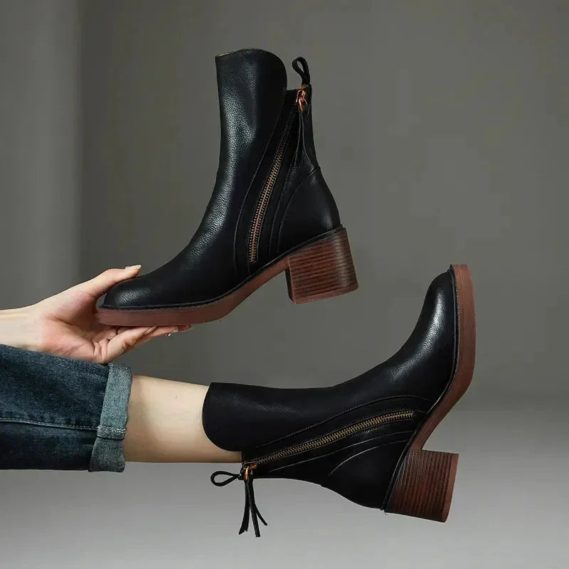 Women's black leather ankle boots platform block heel supportive sole all-day comfort