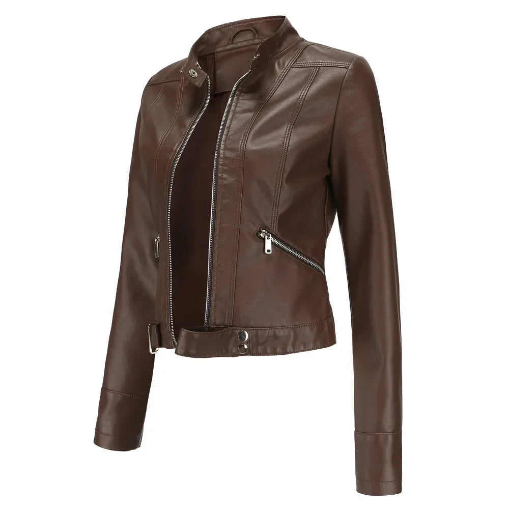 Women's black faux leather cropped jacket with stand collar and sleek slim-fit silhouette