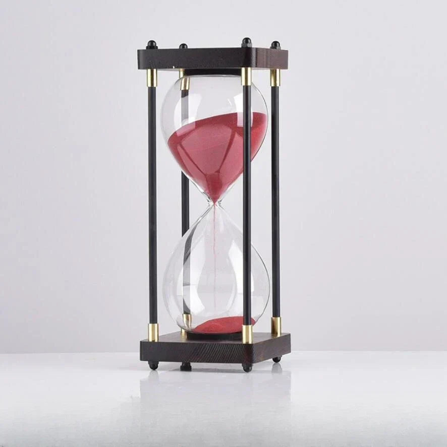 Minimalist glass and wood hourglass timer 60-minute copper accent desk accessory for focused work