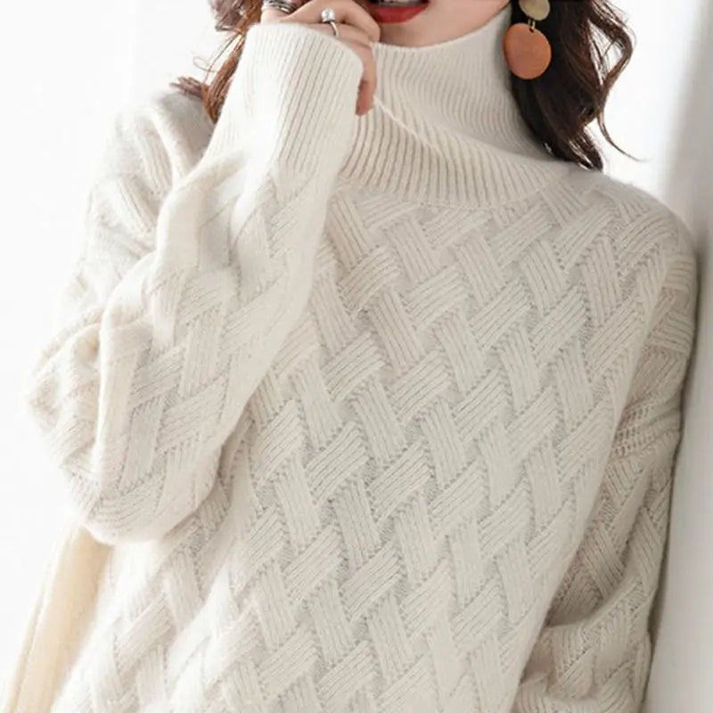 Women's textured turtleneck sweater relaxed fit cozy knit with structured high collar for layering