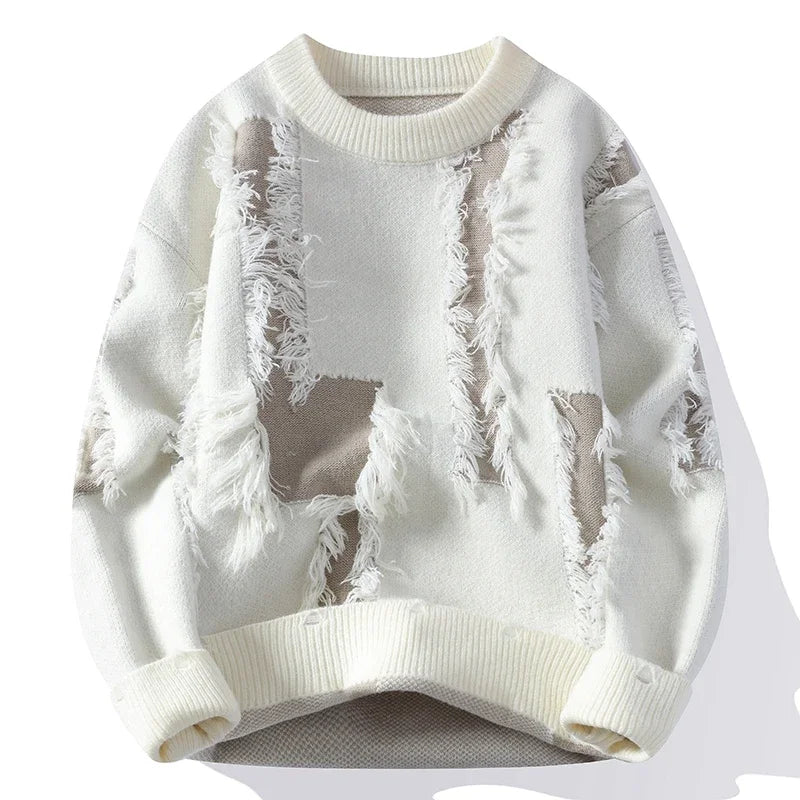 Distressed frayed knit sweater relaxed fit streetwear style with layered color blocks detailing