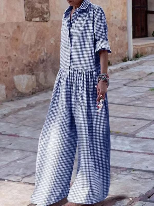 Plaid wide leg women's jumpsuit with lapel collar, relaxed fit, classic checkered pattern