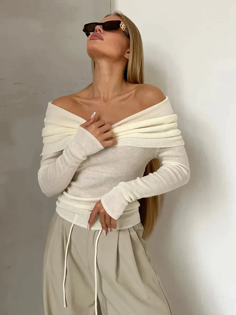 Women's off-shoulder ribbed knit sweatshirt fitted silhouette long sleeve top everyday chic