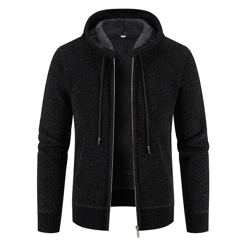 Men's premium knit cardigan with ultra-soft fleece lining, cozy winter style for confident layering