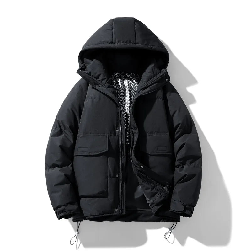Men's black waterproof hooded winter jacket, windproof sleek silhouette for city and outdoor wear