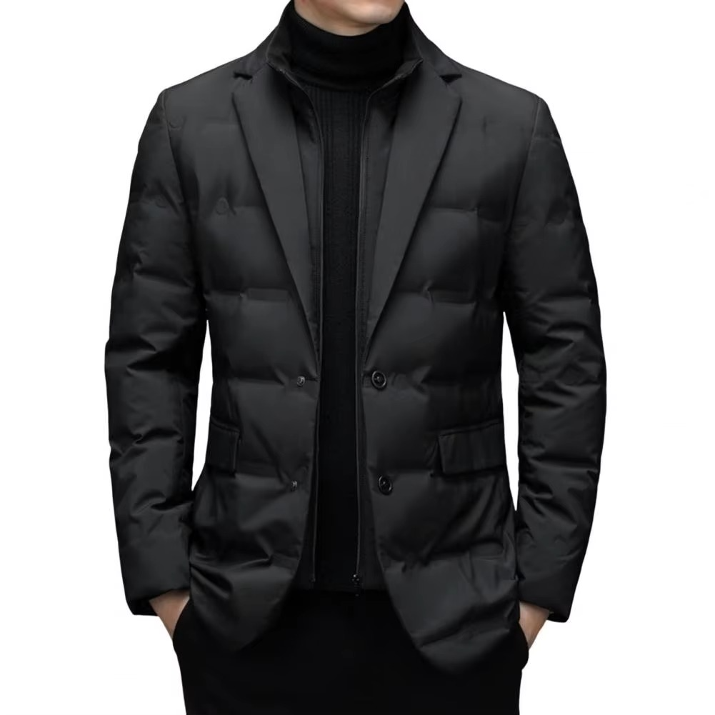 Men's black quilted suit coat high stand collar zip-front slim fit urban professional winter style