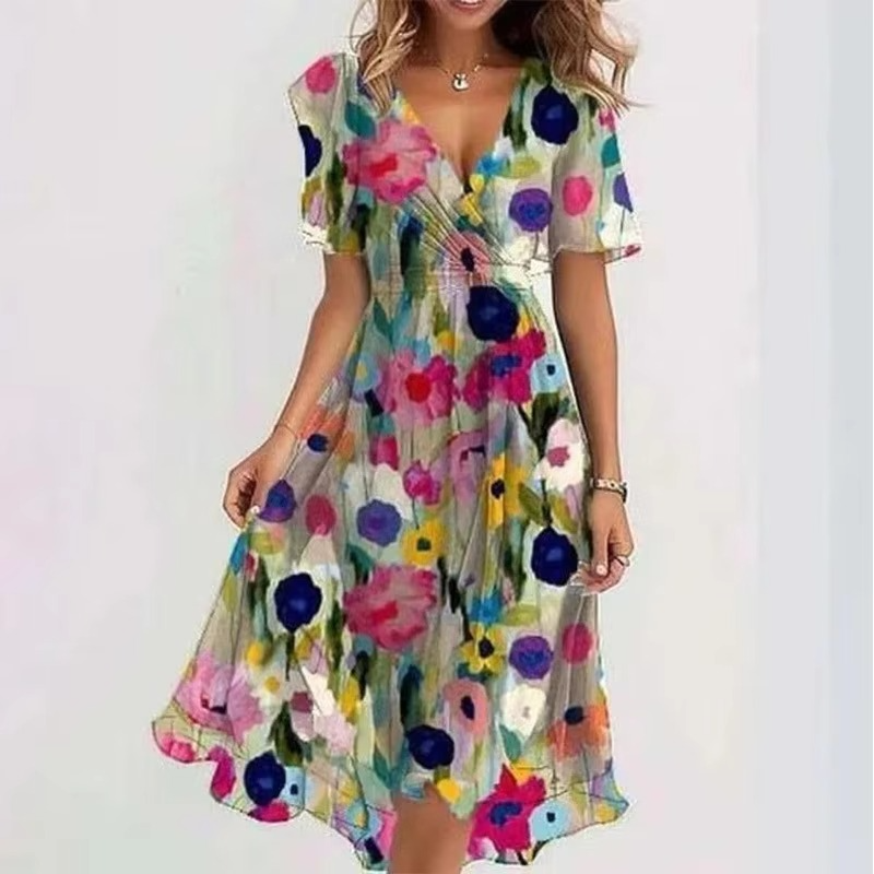 Women's floral print V-neck loose fit summer dress, short sleeve breathable lightweight casual style