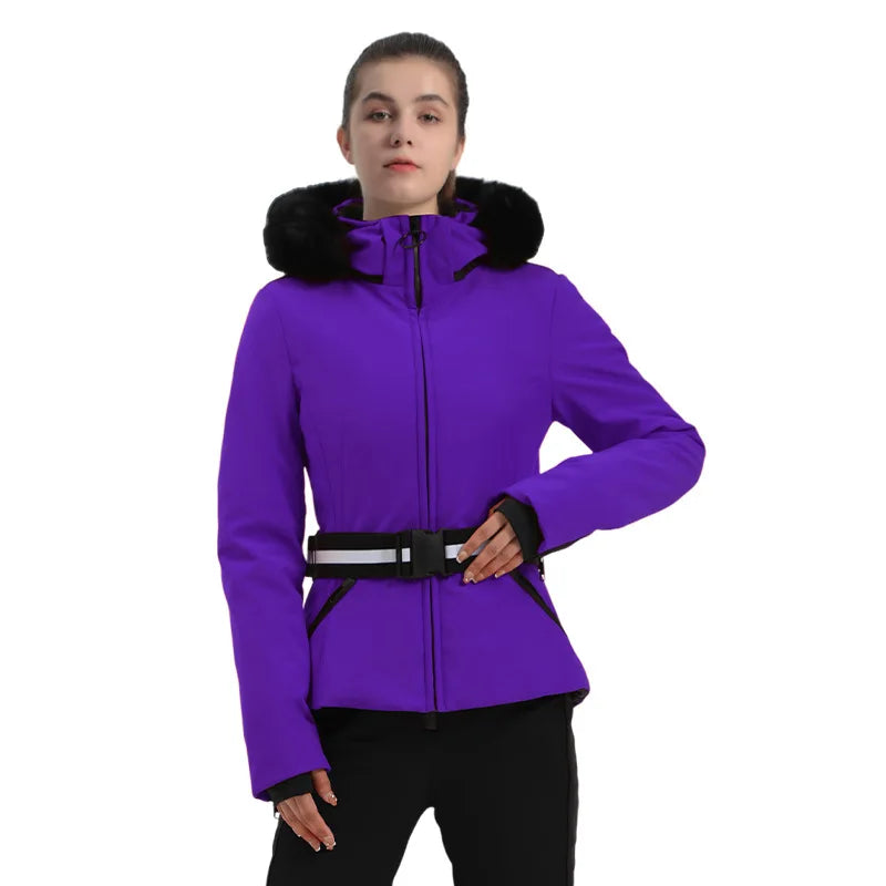 Women's patterned winter ski jacket structured fit bold contemporary print layered warmth outdoor cold weather