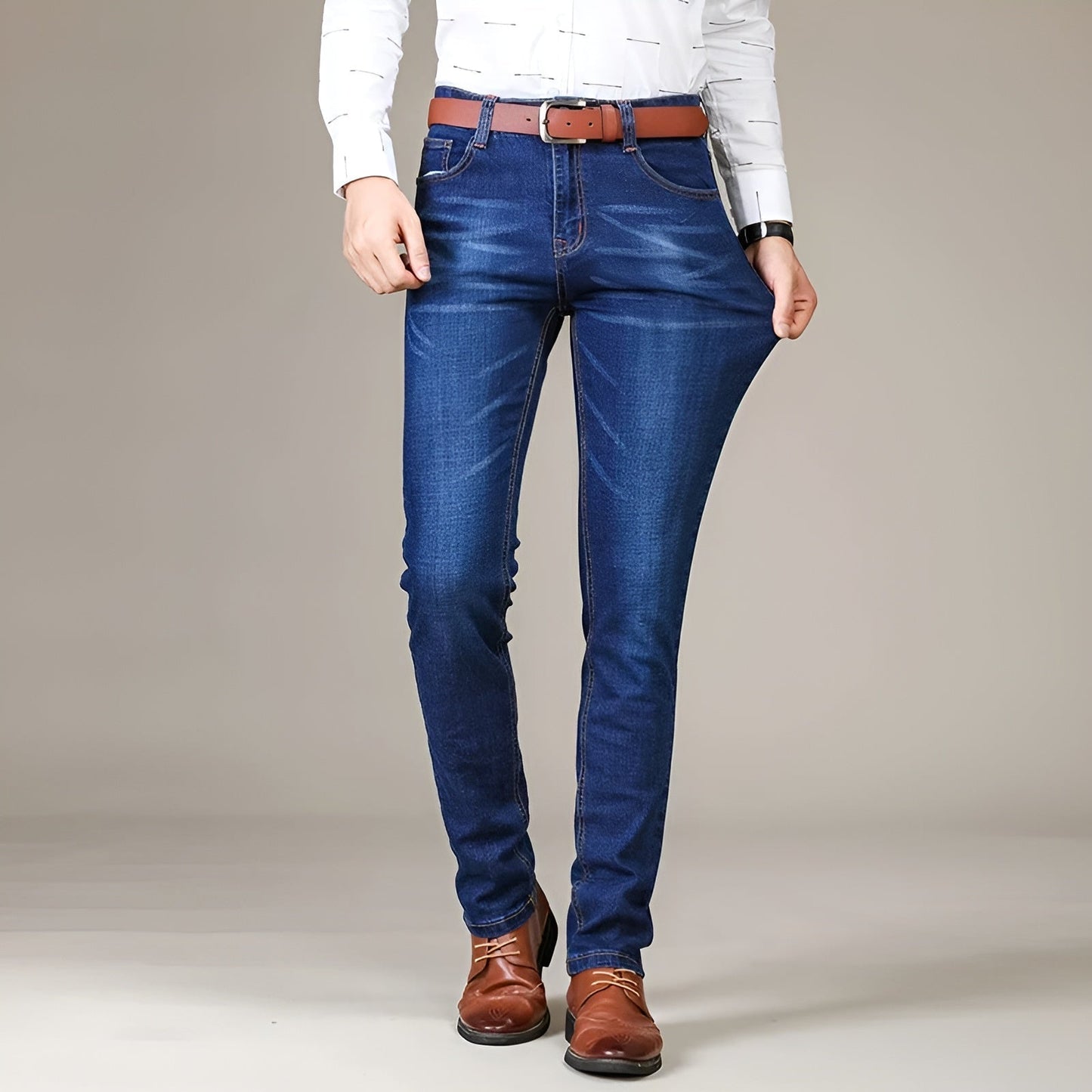 Men's tapered denim jeans classic wash 4-way stretch slim fit everyday comfort blue