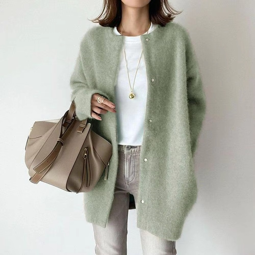 Women's vintage knit cardigan single-breasted O-neck cozy autumn layering piece in neutral tones