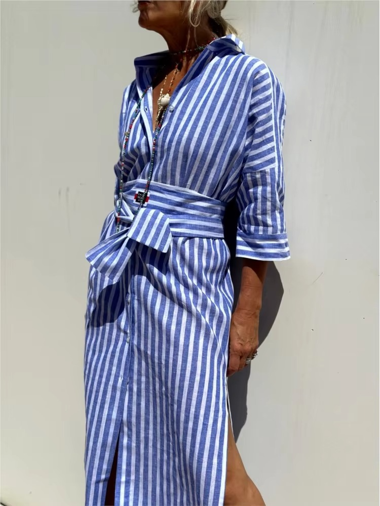 Women's striped long sleeve shirt dress relaxed loose-fit silhouette day-to-night versatile style