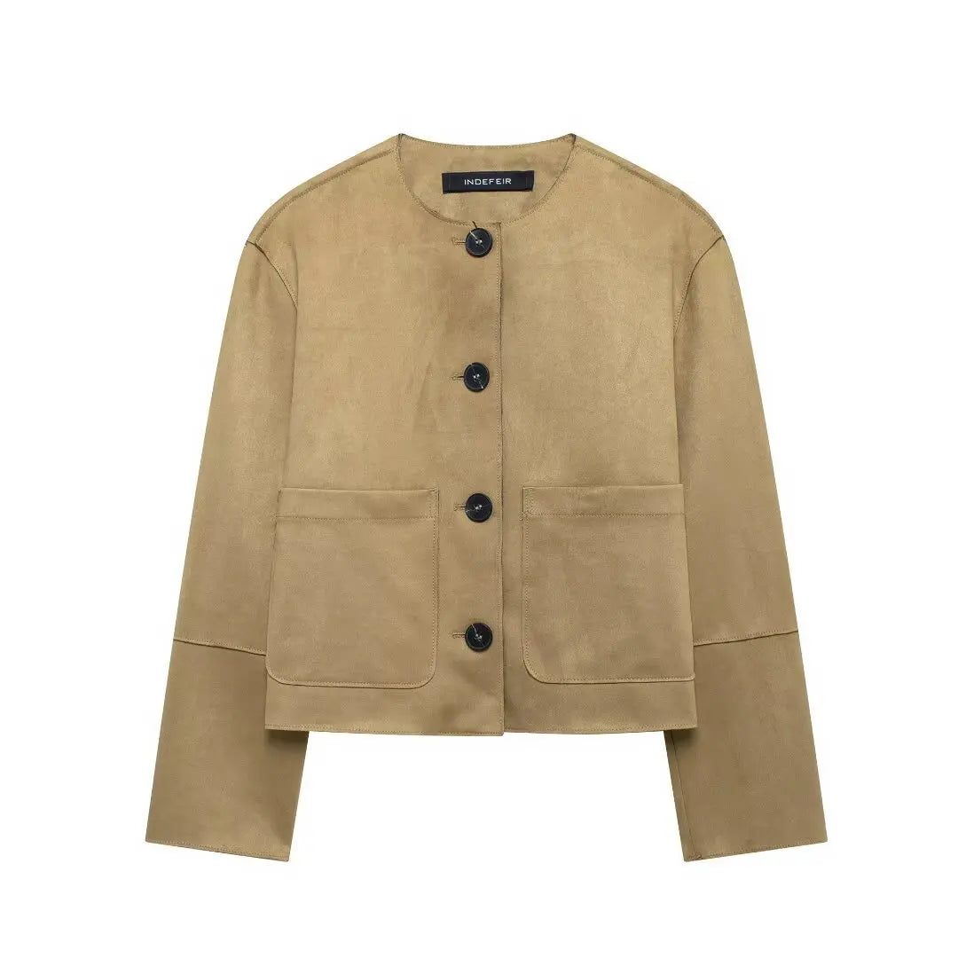 Women's suede button-up jacket tailored silhouette sleek chic outerwear with classic front buttons
