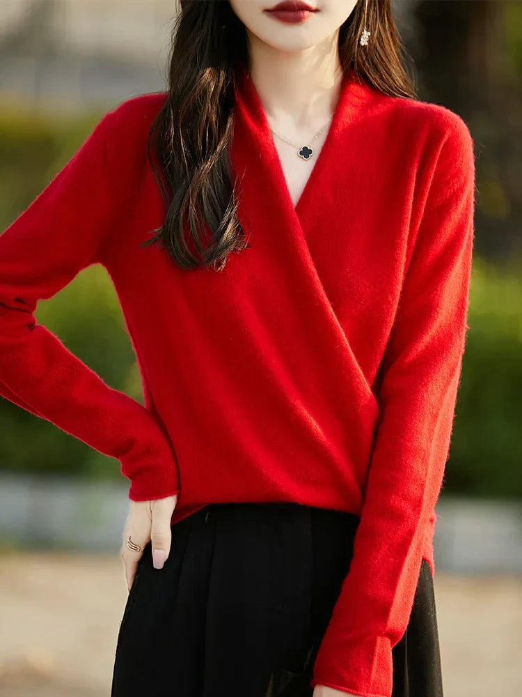 Women's wool blend relaxed fit V-neck pullover sweater, cozy long sleeve casual knit essential