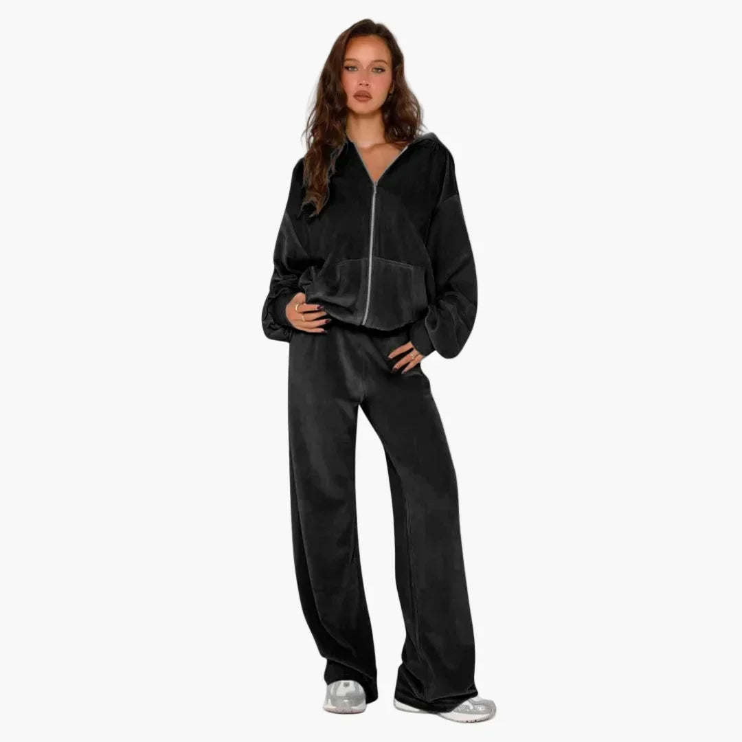 Women's oversized two-piece hoodie lounge set with zip-up top and loose-fit pants cozy casual style
