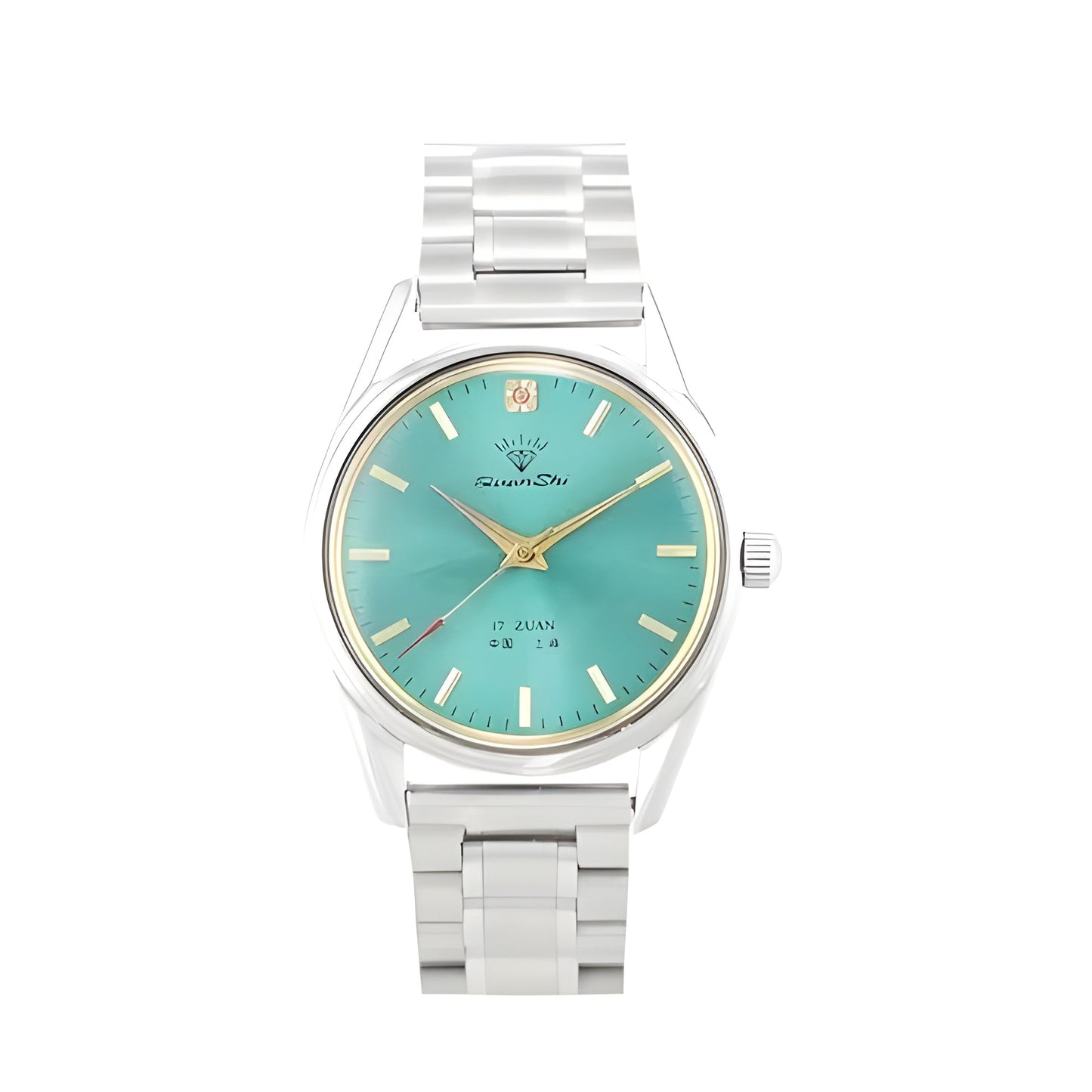 Diamond mechanical watch aqua sunburst dial gold-tone markers polished stainless steel case professional timepiece
