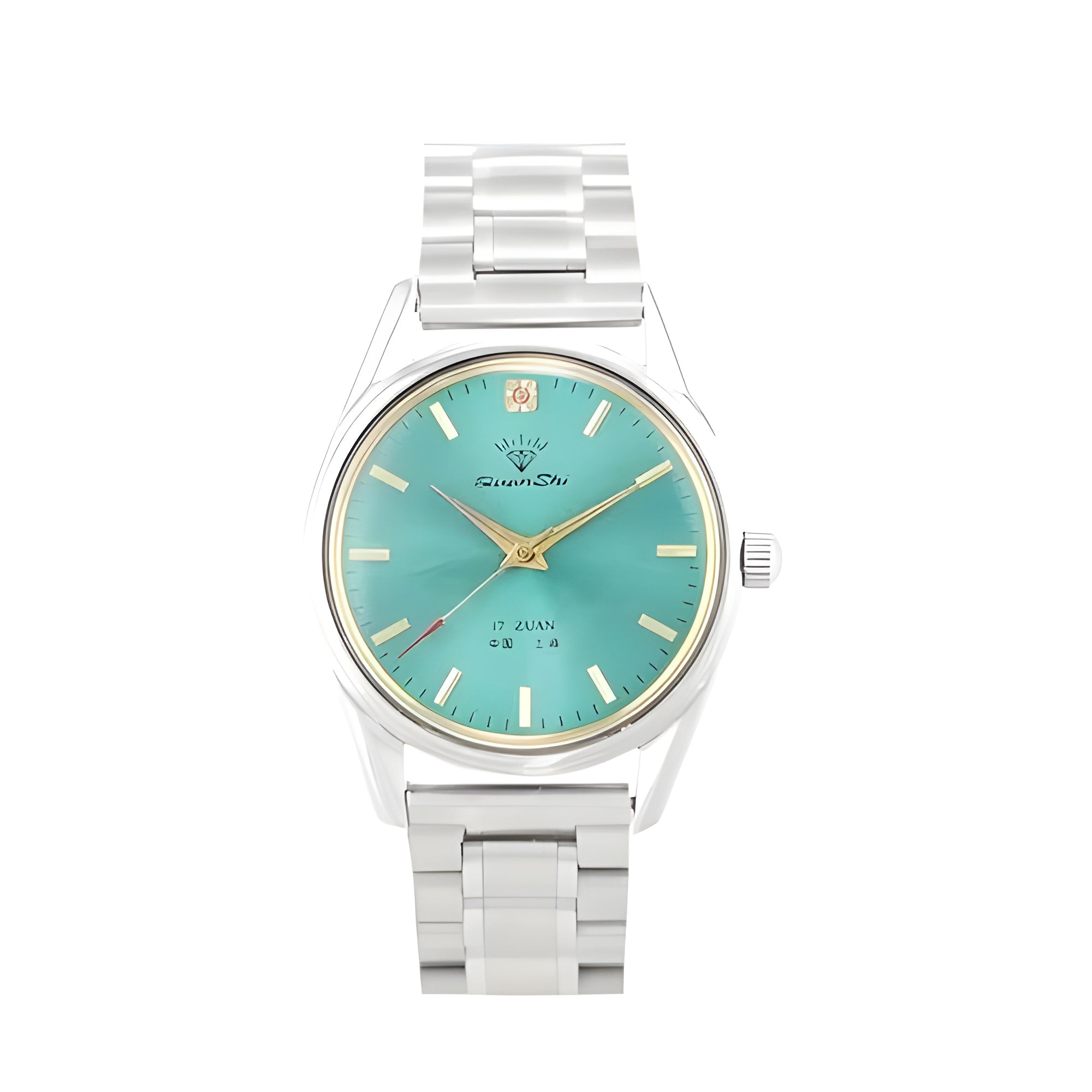 Diamond mechanical watch aqua sunburst dial gold-tone markers polished stainless steel case professional timepiece