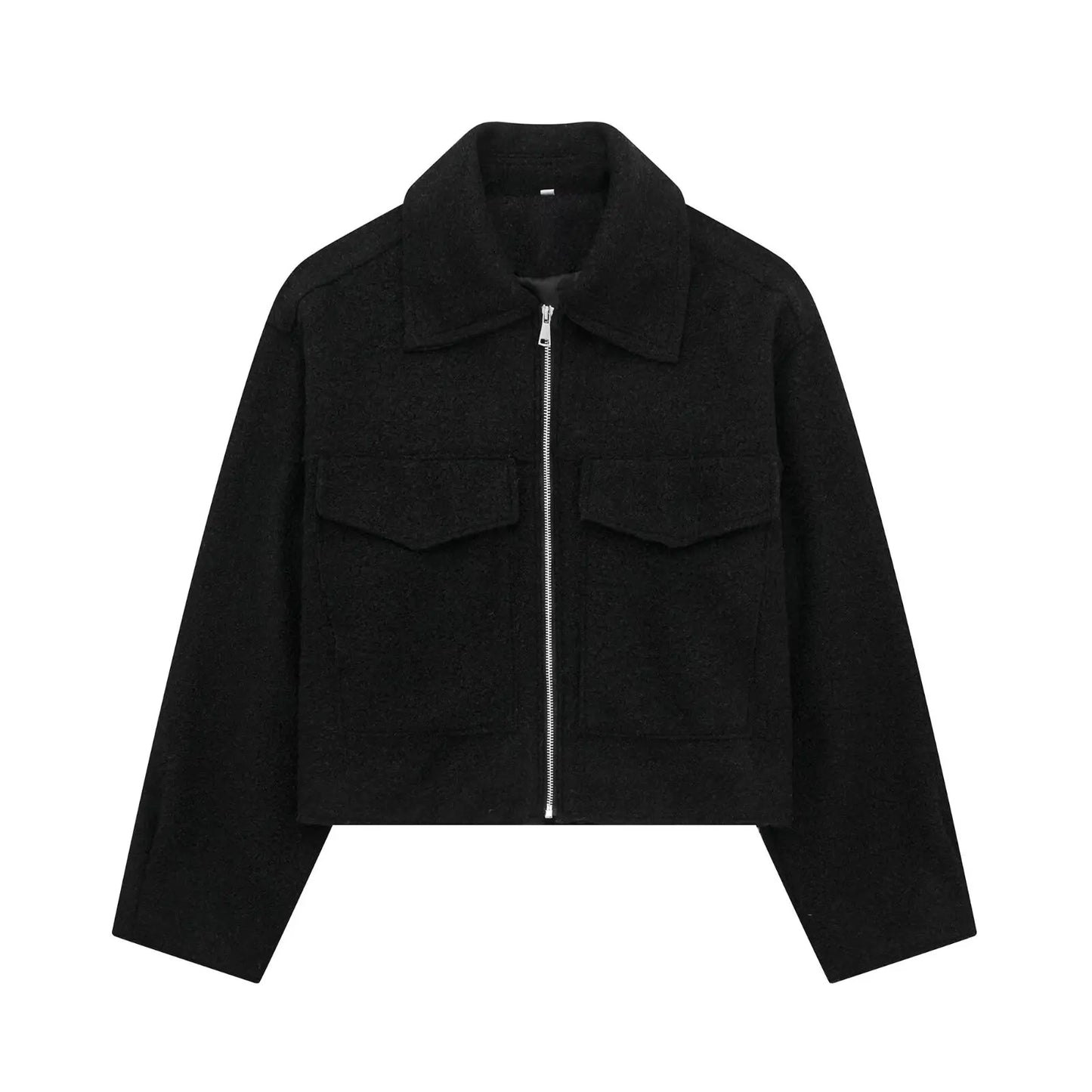 Unisex tailored jacket with front zip, vintage lapel collar, sleek urban fit for city style