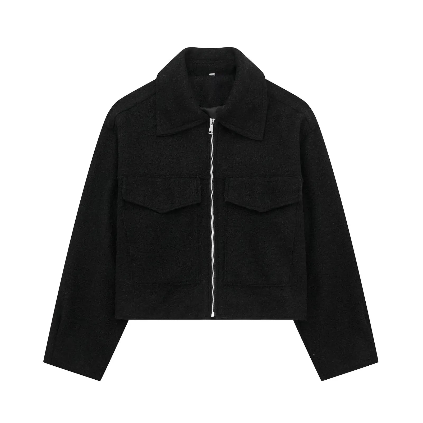 Unisex tailored jacket with front zip, vintage lapel collar, sleek urban fit for city style
