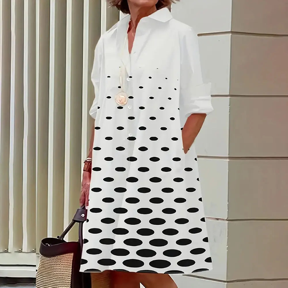 Women's navy blue A-line shirt dress knee-length button-front long sleeves elegant versatile