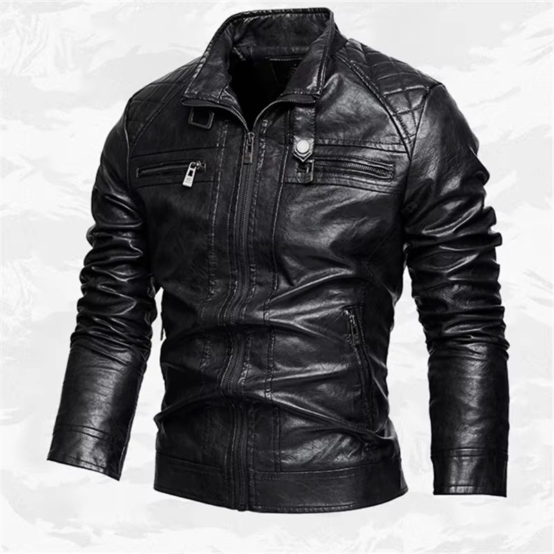 Men's vintage brown PU leather moto jacket stand collar biker coat slim fit for autumn winter