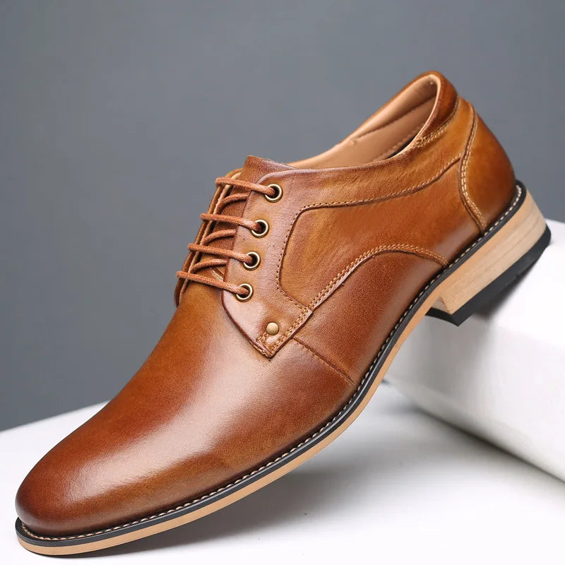 Men's brown genuine leather Oxford shoes classic British silhouette low profile sole polished finish