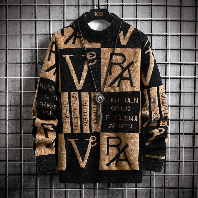 Black graphic knit sweater oversized bold letter print streetwear style cozy soft fit