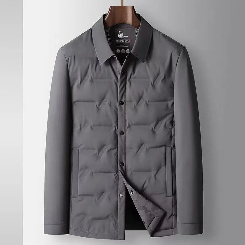 Nolan men's navy lightweight down jacket tailored waist-length fit with subtle embossed design