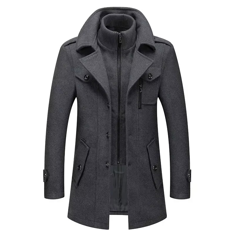 Men premium mid-length wool trench coat double collar zipper overcoat fall winter structured silhouette