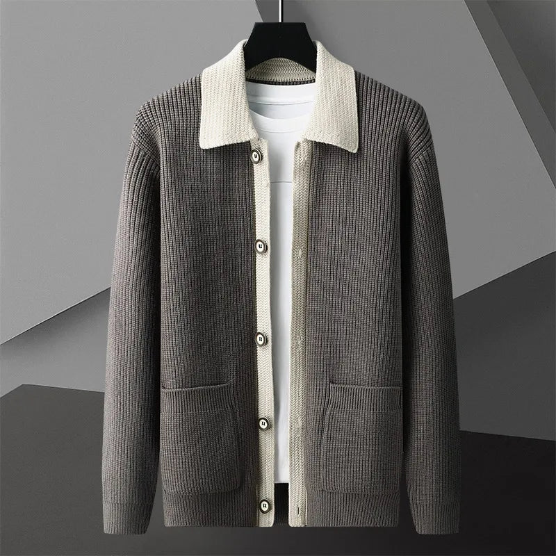 Men's color-block merino knit sweater smart-casual fit with soft warm drape in multi-tone design