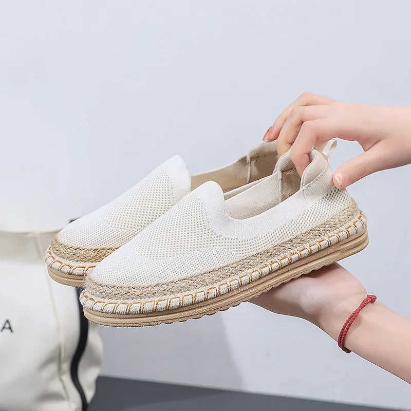 Women's knit espadrilles breathable air mesh upper braided jute sole lightweight casual warm weather flats