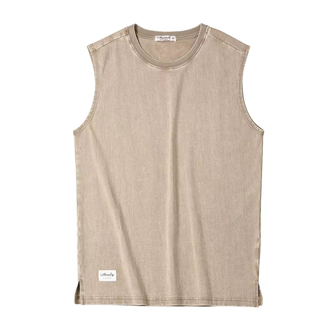 Washed cotton sleeveless tank top relaxed fit faded tones raw edges unisex casual everyday