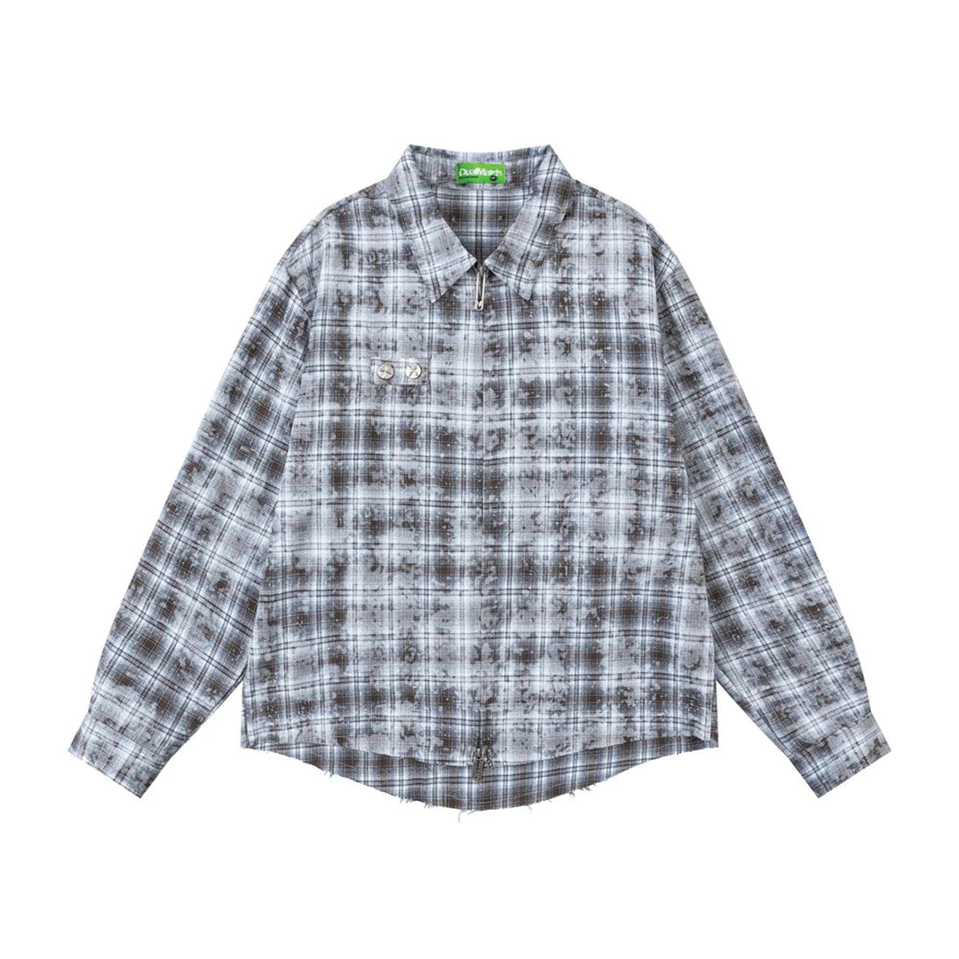 Oversized blue plaid distressed shirt with tie-dye detail, luxury cotton-polyester blend streetwear fit