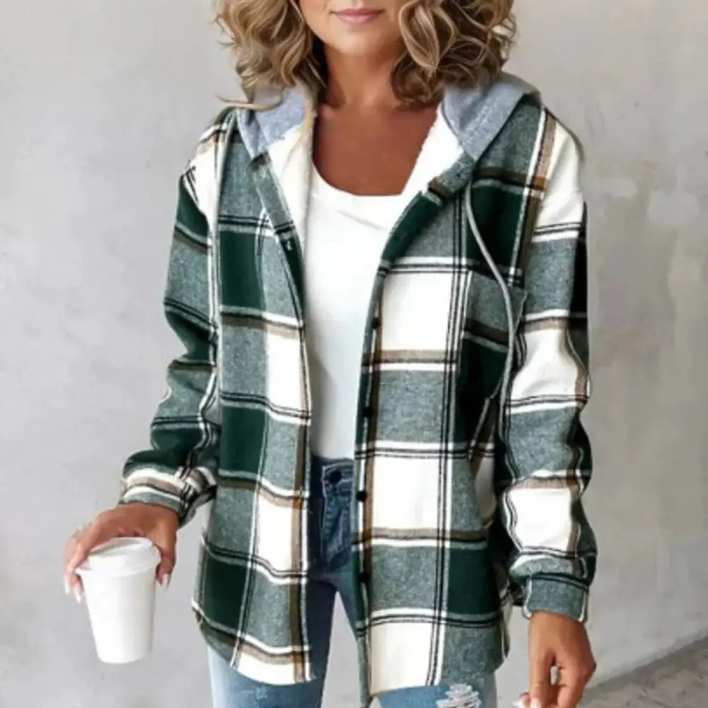 Green hooded jacket checkered print casual winter layer with versatile cold-weather style