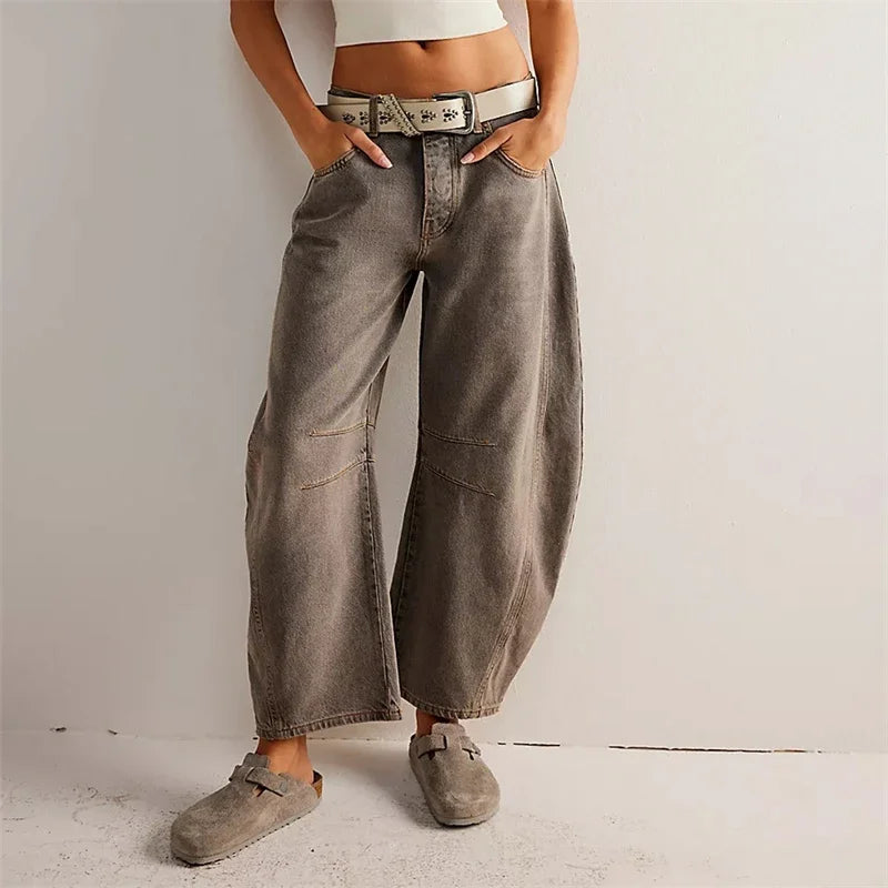Women's boho baggy wide-leg jeans in stretch denim, relaxed bohemian silhouette with all-day comfort fit
