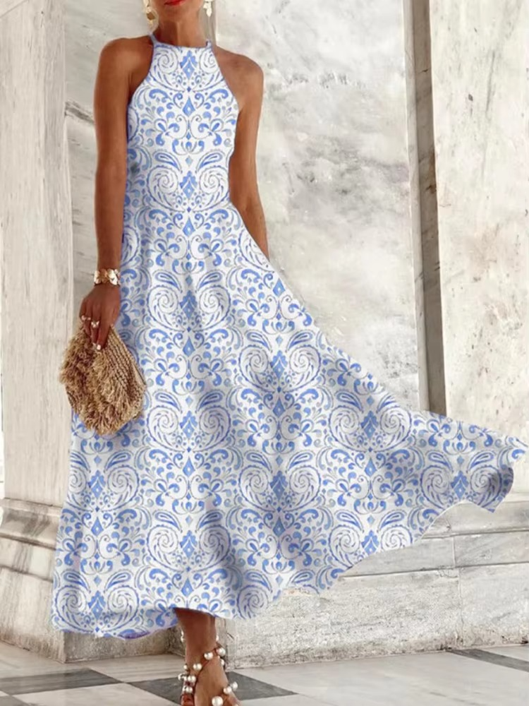 Elegant sleeveless halter maxi dress women lightweight flattering silhouette backless summer style