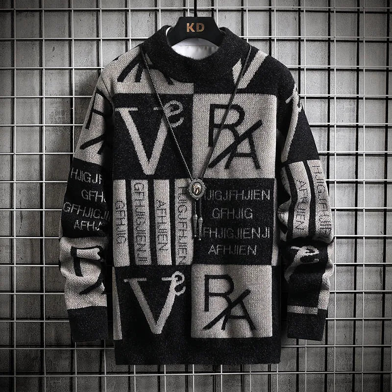Bold letter graphic knit sweater oversized contrasting prints streetwear cozy soft urban statement