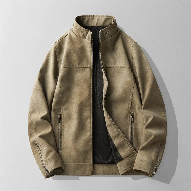 Men's matte black premium leather jacket fleece-lined stand collar slim fit quiet luxury silhouette