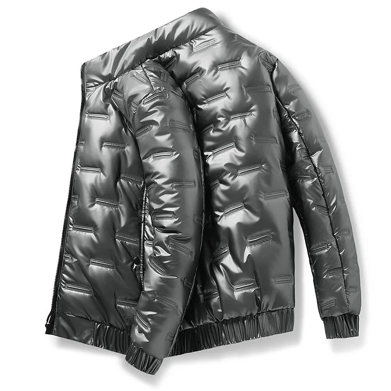 Men's black quilted ski puffer jacket with hood, modern urban silhouette for cold weather