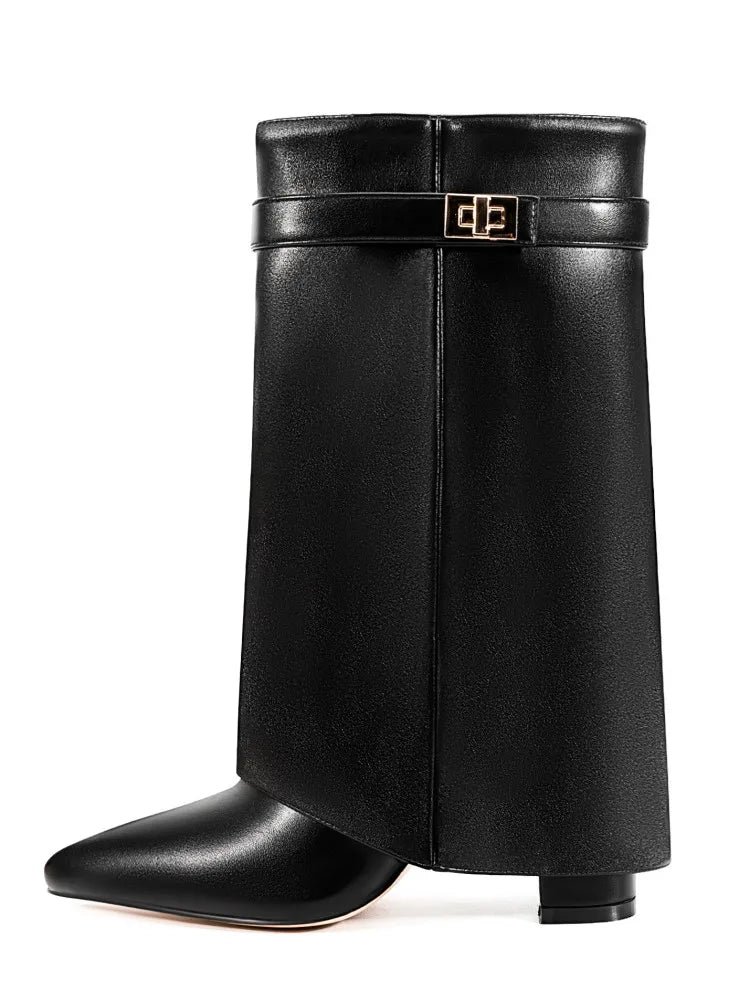 Mia women's black leather thigh-high boots with polished side buckle for sculpted silhouette