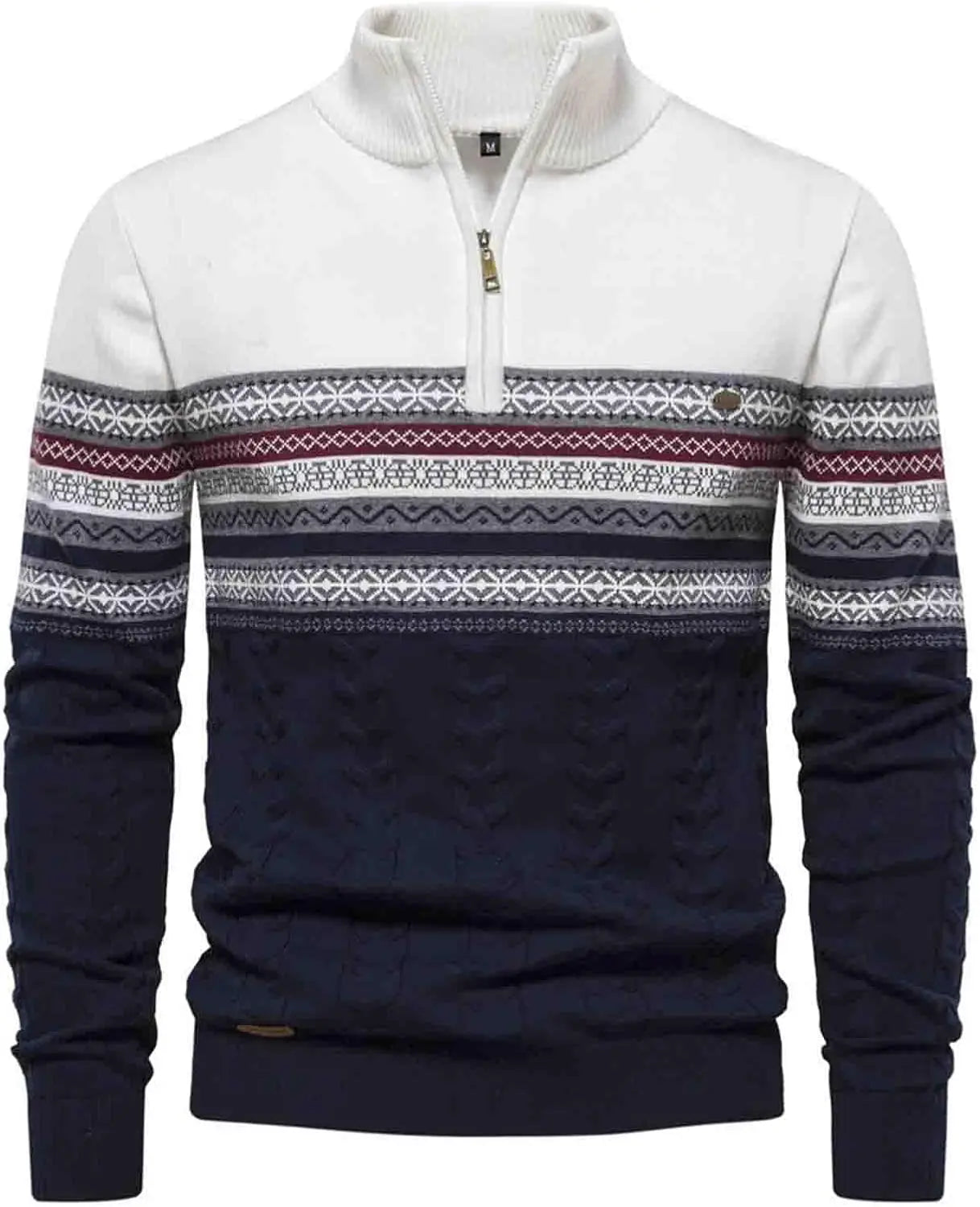 Men's olive green quarter zip sweater stand-up collar patterned knit modern slim fit