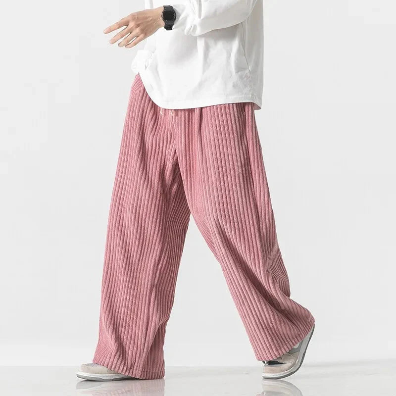 Men's wide leg ribbed sweatpants with adjustable drawstring waist, relaxed fit casual style