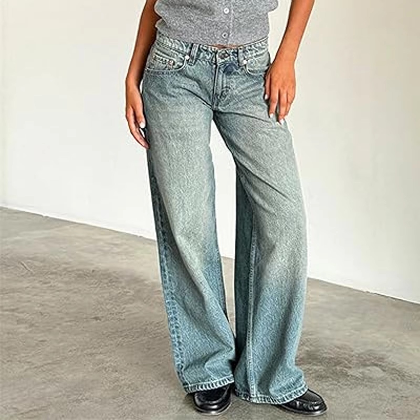 Women's retro washed mid-rise straight leg jeans in vintage blue soft cotton denim flattering fit