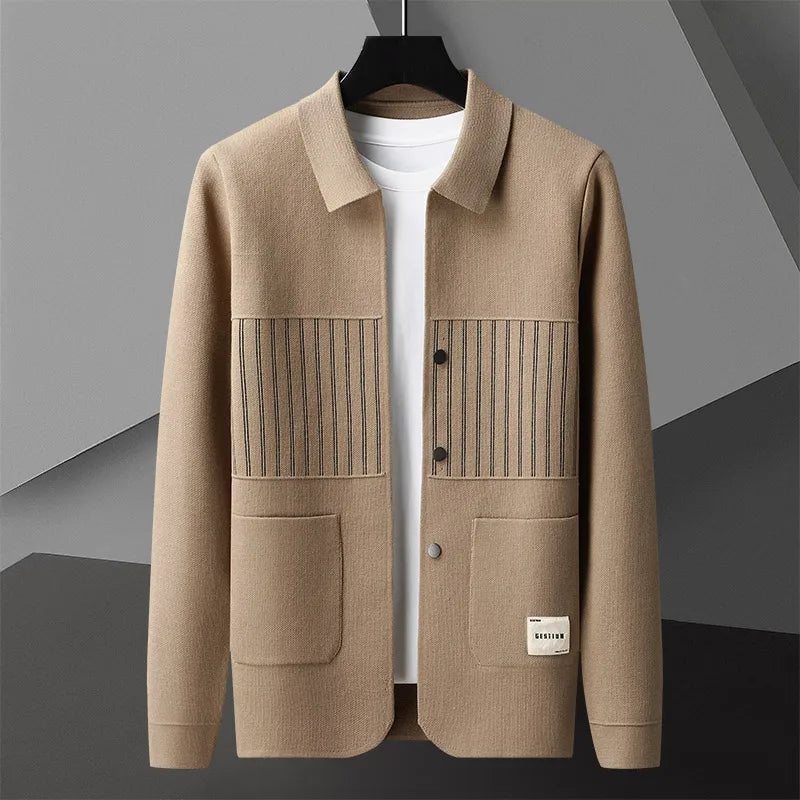 Men's slim fit polo collar knit cardigan lightweight textured breathable smart casual layer