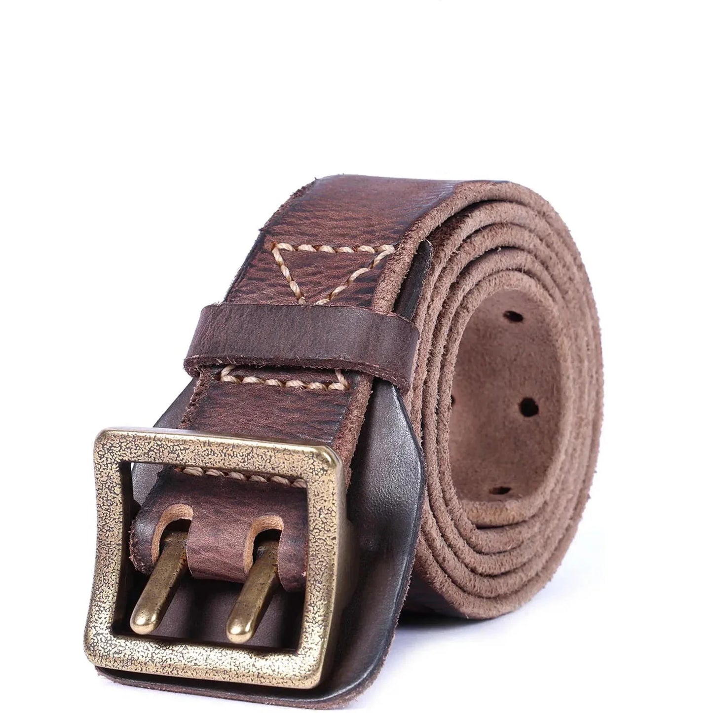 Men's full-grain Italian leather belt tan brown with solid copper double-prong buckle handcrafted edges