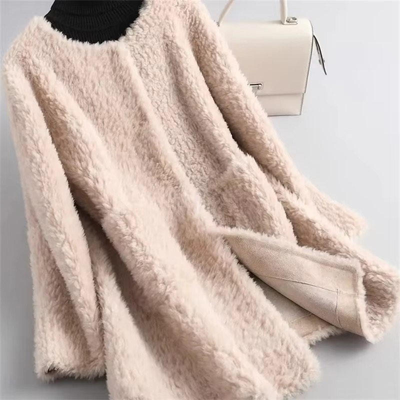 Women's mid-length faux lamb fur coat cardigan in plush texture, open-front silhouette for winter layering