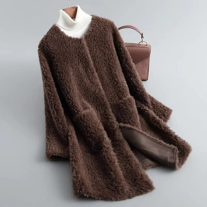 Women's mid-length faux lamb fur coat cardigan, plush open-front silhouette in neutral winter tones
