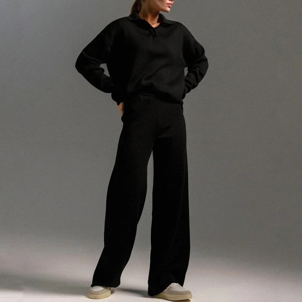 Women's relaxed fit collared V-neck sweater wide-leg pants set cozy two-piece casual coord