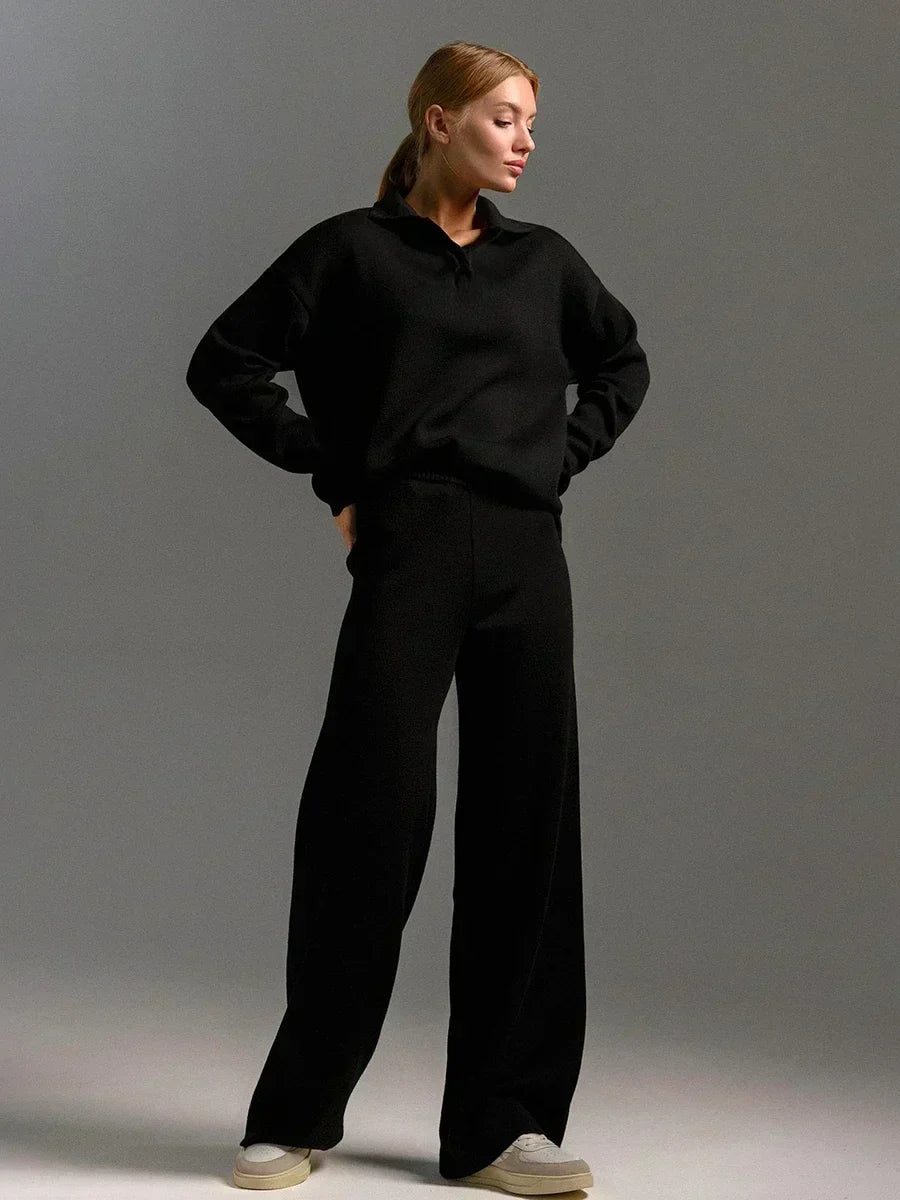 Women's two-piece knit set polo neck sweater high-waisted wide-leg pants relaxed fit cozy ensemble
